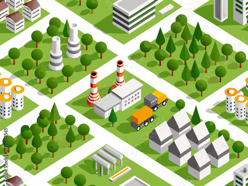 Isometric illustration of a stylized city with industrial and residential areas
