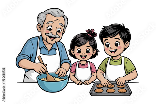 A happy family of three baking cookies together in the kitchen with aprons on