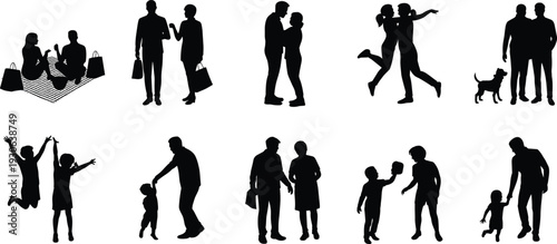 Family and social interaction silhouette vector illustration with diverse human poses showing bonding companionship and joy