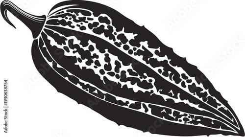 Graphic illustration of a botanical element; features textured pattern, spine, and a curved stem