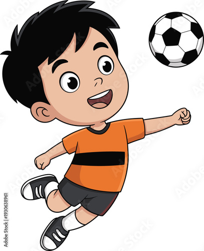 Cartoon child playing soccer vector illustration, cheerful children’s sports design with ball, motion, activity, enthusiasm, and playful motifs