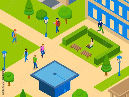 Isometric illustration of people walking around a university campus park