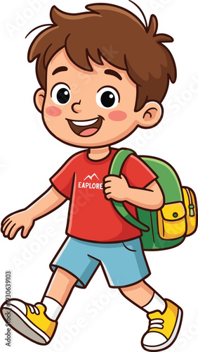 Cartoon boy walking vector illustration, cheerful children’s lifestyle design with backpack, exploration theme, adventure motifs, and playful youthful style