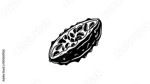 A black and white illustration of a cut fruit, showcasing seeds and textured skin