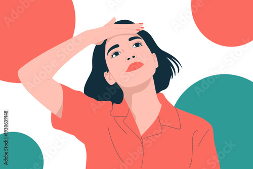 A frustrated woman with her hand on her forehead standing in front of colorful geometric shapes