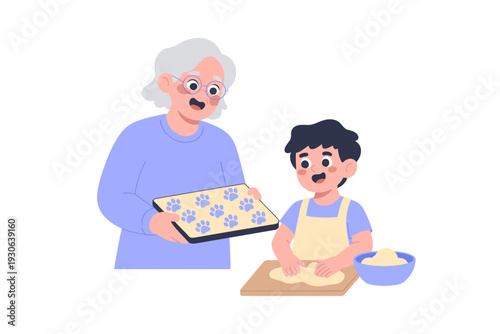 A cartoon illustration of a senior woman and a young boy baking cookies together in a kitchen