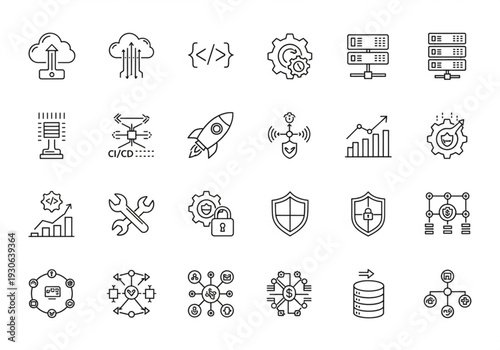 Cloud infrastructure and server management line art icons