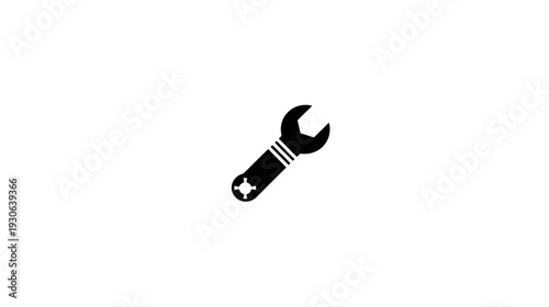 A simple, black wrench icon on a stark white background, angled right. Ideal for technical themes