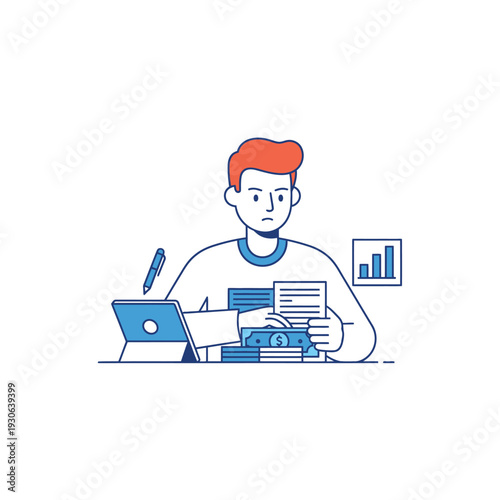 Young Man Working on Financial Report with Tablet and Calculator.