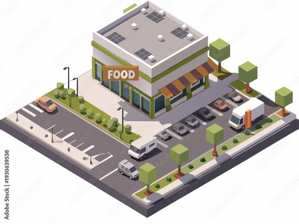 Fototapeta premium Isometric illustration of a modern food store with surrounding street scene