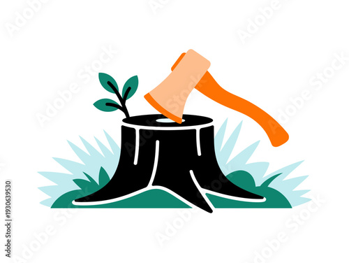 A vector graphic illustration of an axe stuck in a tree stump with a small plant growing out of it, symbolizing growth and renewal.