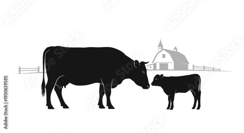Cow and Calf Silhouette Farm Scene.
