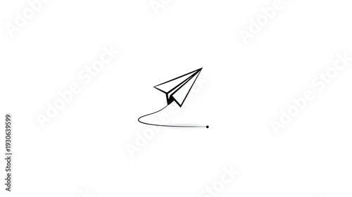 A minimalistic line drawing shows a paper airplane soaring above a thin curved line with a dot