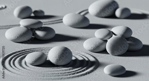 Serene Zen garden with smooth stones and ripples in sand.
