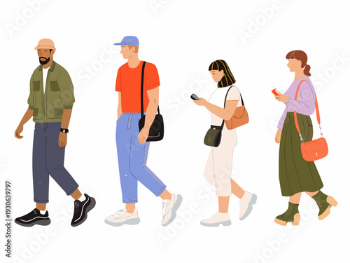 Five diverse people walking in a row each with different clothing and accessories