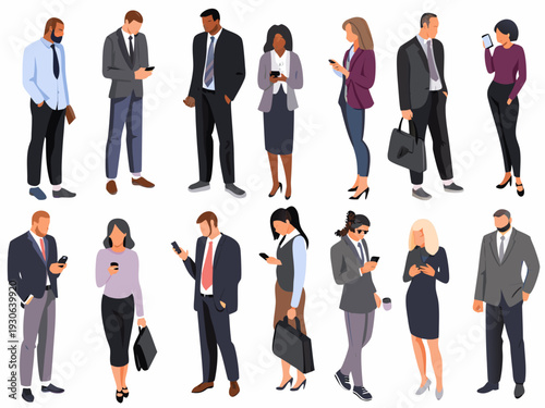 Diverse group of business professionals in suits and casual attire using smartphones in a vector illustration