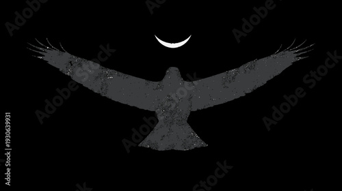 A grayscale, distressed illustration of a bird with open wings, a crescent moon above on black