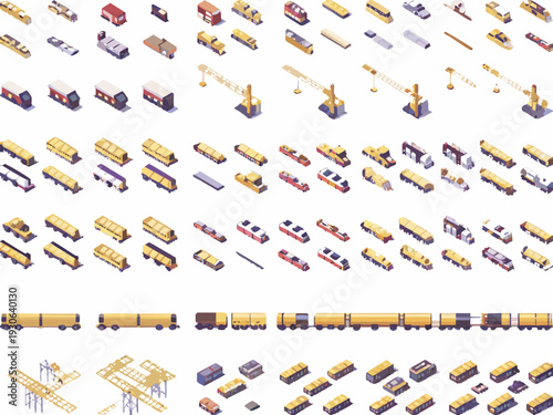 Isometric arrangement of various train cars engines and railway infrastructure
