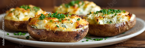 Delicious Twice Baked Potatoes with Melted Cheese and Fresh Chives Served on a White Plate. Perfect Gourmet Side Dish for Family Dinner or Restaurant Menu Presentation.