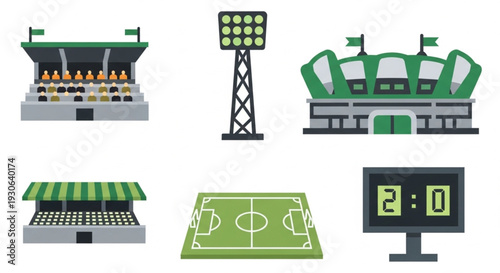 Modern Soccer Stadium and Football Match Icon Collection