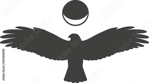 A stylized eagle in flight below a moon-like shape, depicted in grayscale