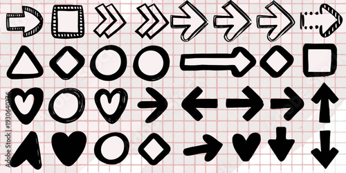 Hand drawn geometric shapes and arrows on lined paper background
