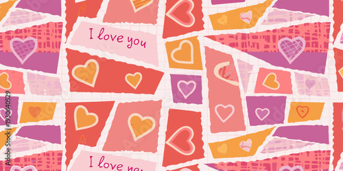A colorful pattern of torn paper with hearts and love messages