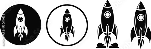 Space rocket launch vector silhouette set, shuttle mission takeoff with smoke, spacecraft exploration icons, astronomy science technology elements, isolated, galactic, NASA.