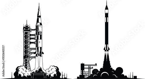 Space rocket launch vector silhouette set, shuttle blast off with smoke, spacecraft mission takeoff, astronomy science technology icons, isolated, galactic.