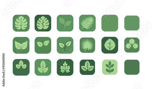 Green Leaves Flat Icon Set Botanical Nature Collection Vector Illustration