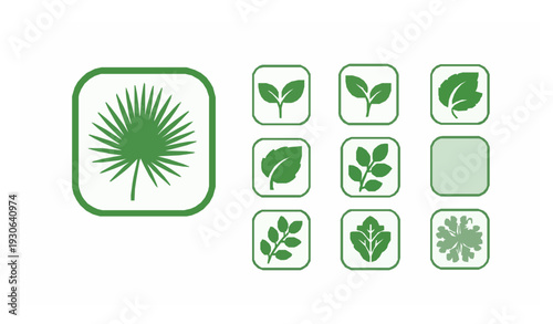 Green Leaf Icon Set in Rounded Flat Style Nature Plant Vector Collection