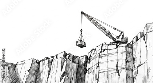 Crane Lifting Rocks from Quarry.