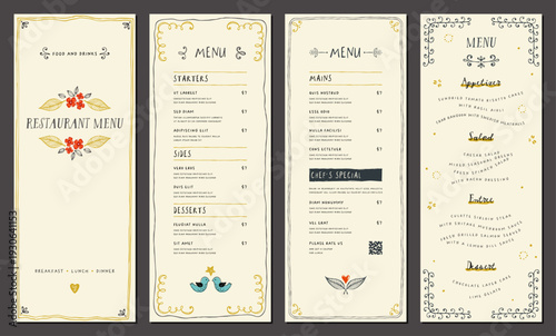 Doodles drawing modern templates. Wedding and restaurant menu. Banners, greeting and business cards, invitations, flyers, brochure, advertising, children's books, events and page cover.