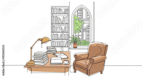 Cozy Armchair and Bookshelf Interior Scene.
