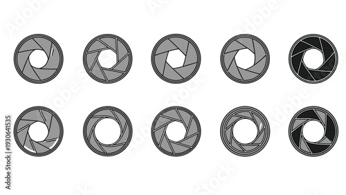 Camera aperture set illustrates ten different stages of lens diaphragm opening and closing in a grayscale vector format for photography.