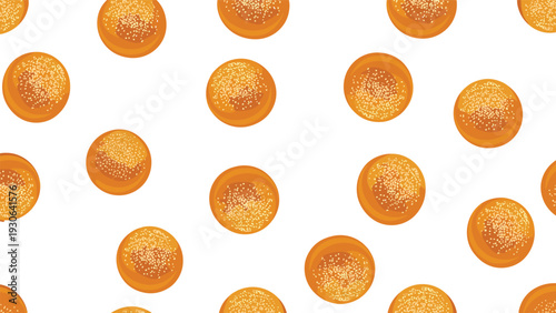 Bread bun pattern features round golden brown rolls with sesame seeds scattered across a white background for bakery or food concepts.
