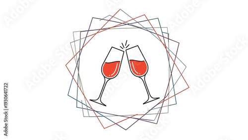 Toasting glasses illustration shows two flutes with red liquid clinking together inside a decorative geometric frame for celebrations.