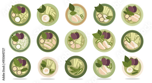 Thai Green Curry Vector Illustration Set, Authentic Asian Spicy Soup Icons, Traditional Thailand Cuisine Flat Design, Bowl of Coconut Milk Curry with Eggplant and Basil.