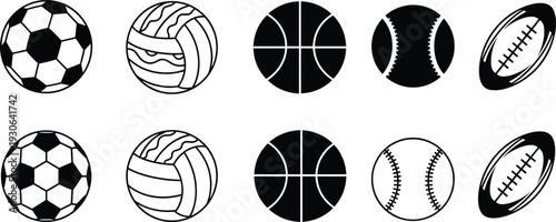 Sports ball icon set, soccer, basketball, volleyball, baseball, american football, athletic equipment symbols, game competition vector, team sports, stadium, play.