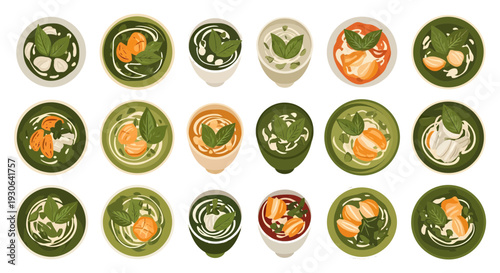 Top view illustration set of Thai green curry bowls with basil and coconut milk