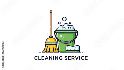 Cleaning service graphic features a green bucket full of soap bubbles, a yellow broom, and a blue sponge for domestic hygiene tasks.