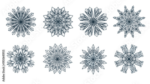 Snowflake collection presents eight unique and intricate ice crystal designs in a dark blue ink style for winter and holiday decor.