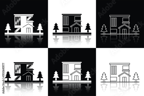 Modern Minimalist Residential Architecture Set. The theme focuses on "Modern Living" and "Sustainable Housing," characterized by clean lines and contemporary structural silhouettes