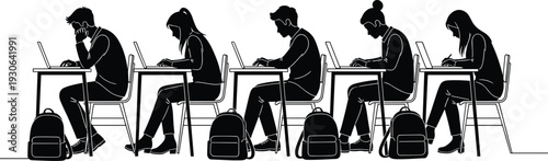 Students Silhouette In Classroom, People Working On Laptops, Education Learning Concept, University Students Studying, Office Coworking Space, School Library Research,