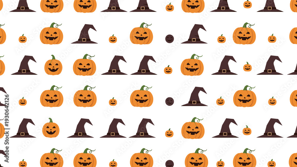 Fototapeta premium Spooky Halloween seamless pattern depicts smiling orange jack-o-lanterns and dark purple witch hats scattered on a clean white background.