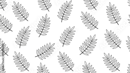 Hand drawn leaf pattern features elegant black and white sketches of botanical branches scattered across a clean white background.
