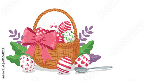 Festive wicker Easter basket filled with various patterned and colored eggs decorated with a large pink bow and floral accents.
