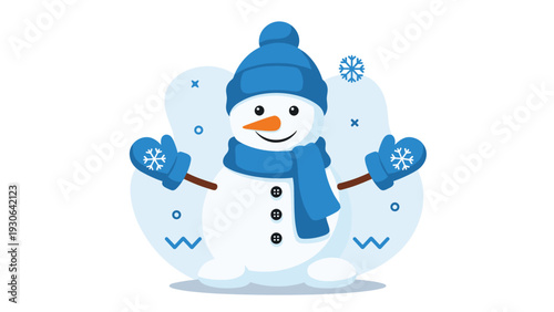 Friendly snowman wearing a blue knit hat, matching scarf, and mittens stands with open arms against a soft blue snowy background.
