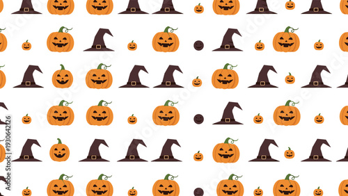 Spooky Halloween seamless pattern depicts smiling orange jack-o-lanterns and dark purple witch hats scattered on a clean white background.