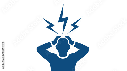 Blue silhouette icon of a person holding their head with lightning bolts representing severe stress, migraine, or a mental health crisis.